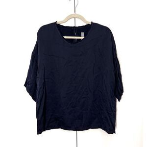 Raquel Allegra Satin Oversized T Shirt Women’s 2 Navy Blue Boxy Short Sleeve NEW